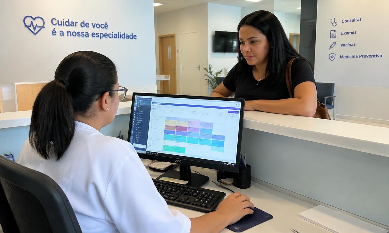 Recepcionista de clínica usando um computador com agenda de consultas