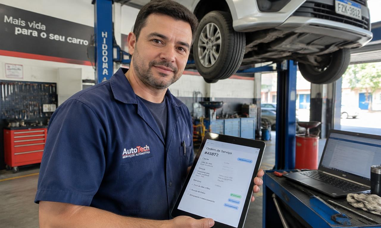 Mecânico segurando um tablet com uma ordem de serviço digital dentro da oficina